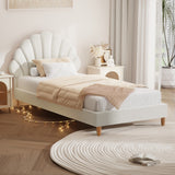 Oikiture Single Bed Frame Scallop-Shape Bedhead White Boucle