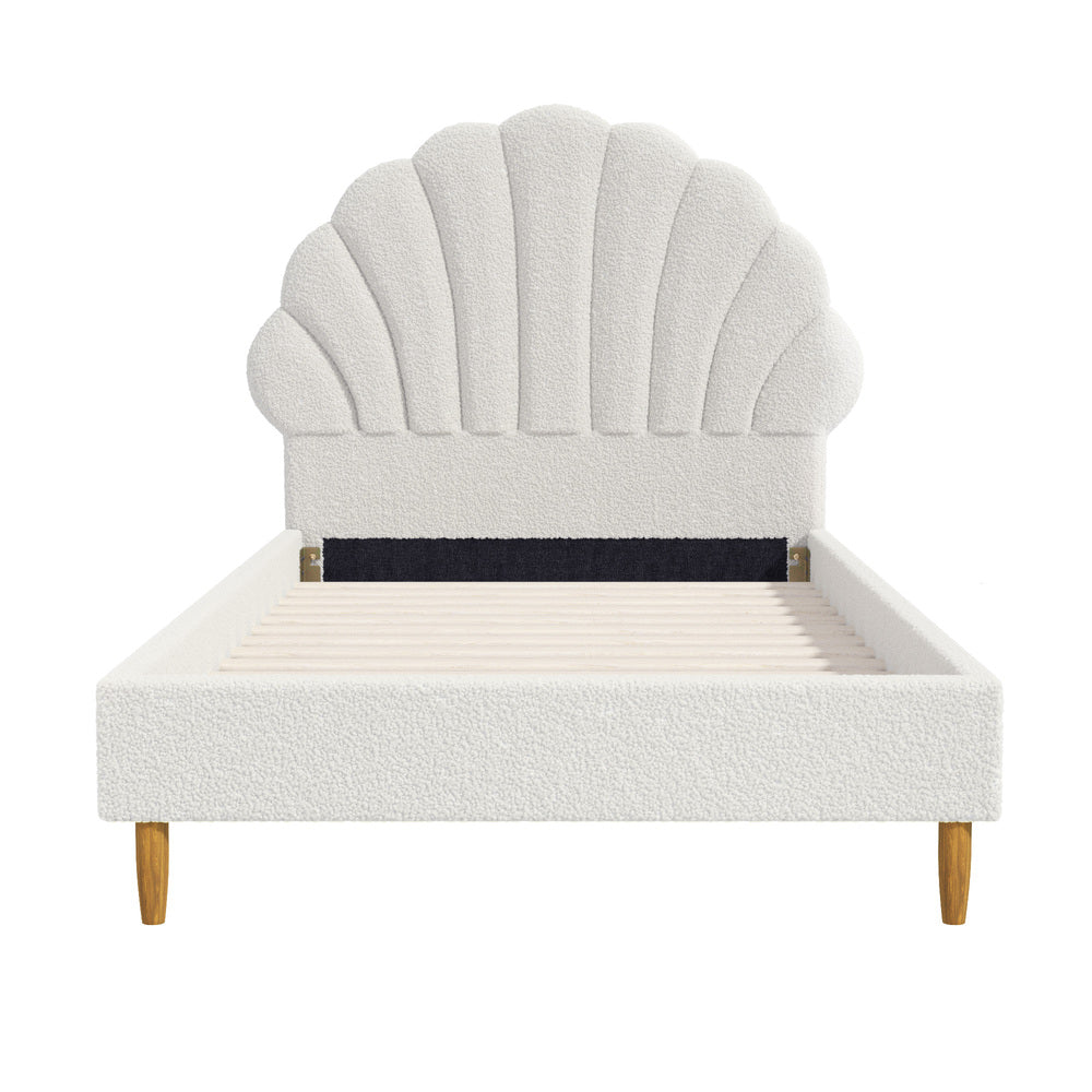Oikiture Single Bed Frame Scallop-Shape Bedhead White Boucle
