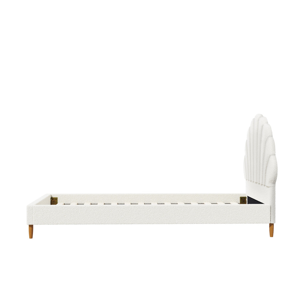 Oikiture Single Bed Frame Scallop-Shape Bedhead White Boucle