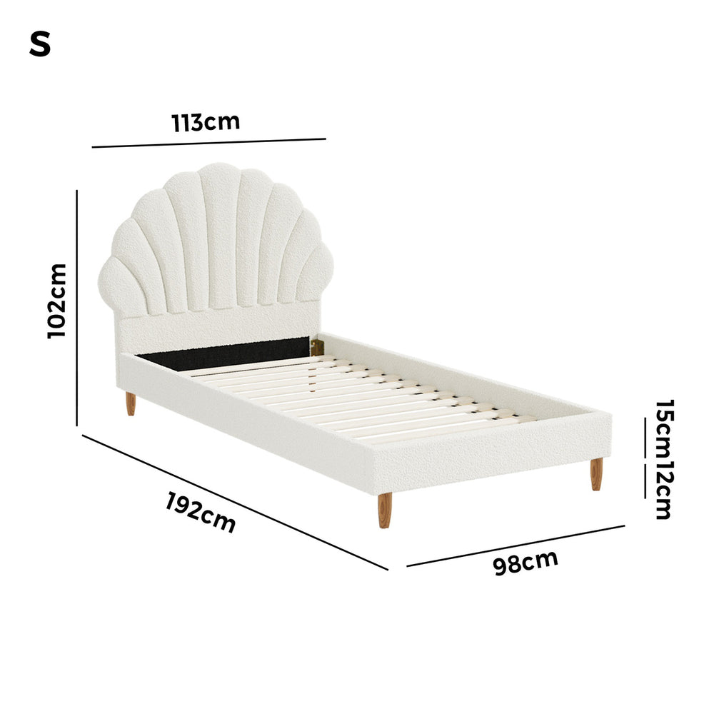 Oikiture Single Bed Frame Scallop-Shape Bedhead White Boucle