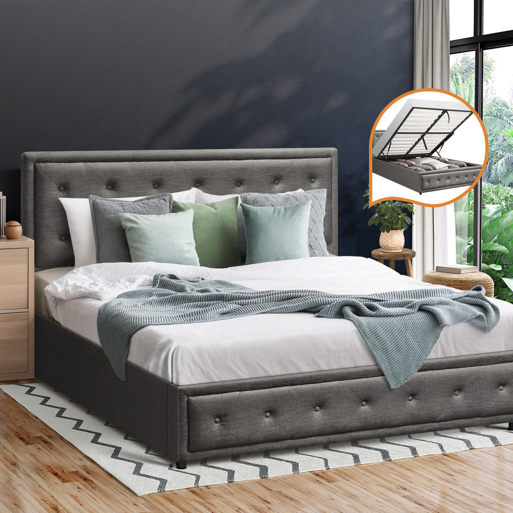 Oikiture Double Bed Frame with Storage Space Gas Lift Grey