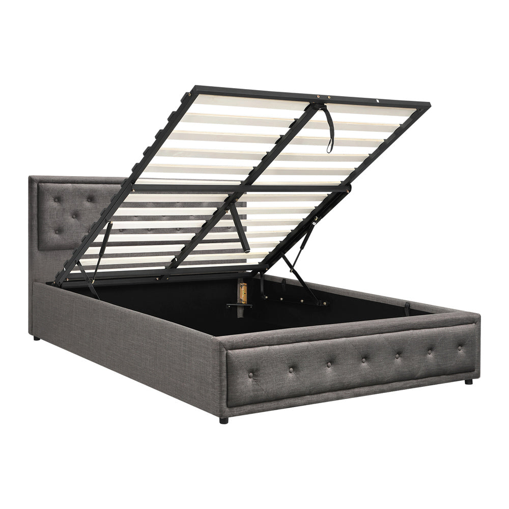 Oikiture Double Bed Frame with Storage Space Gas Lift Grey