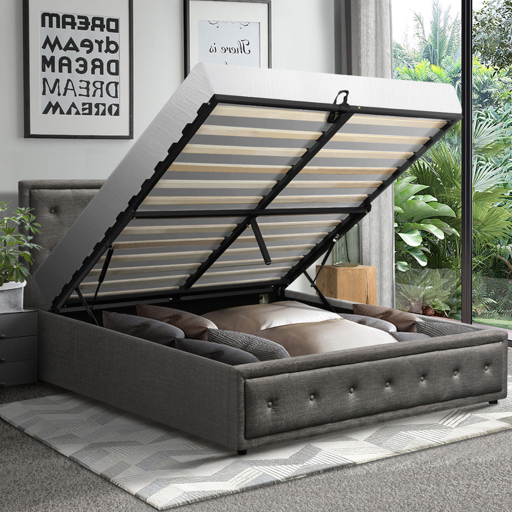 Oikiture Double Bed Frame with Storage Space Gas Lift Grey