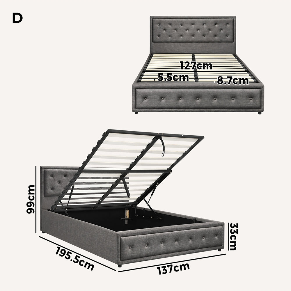 Oikiture Double Bed Frame with Storage Space Gas Lift Grey