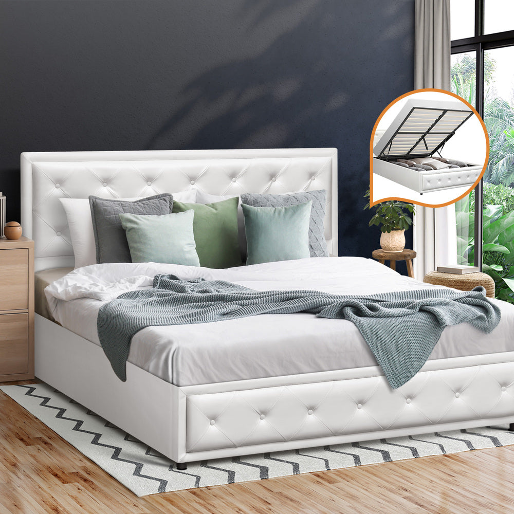 Oikiture Double Bed Frame with Storage Space Gas Lift White