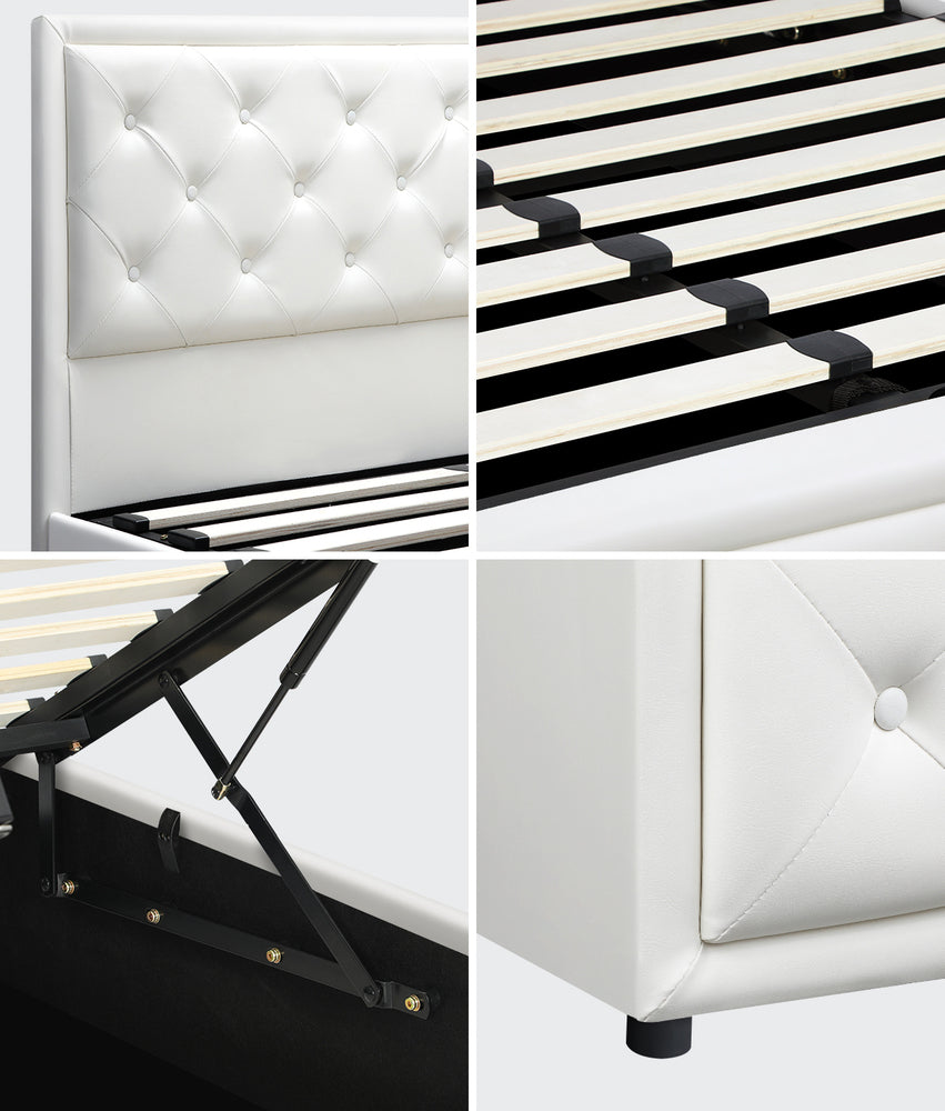 Oikiture Double Bed Frame with Storage Space Gas Lift White
