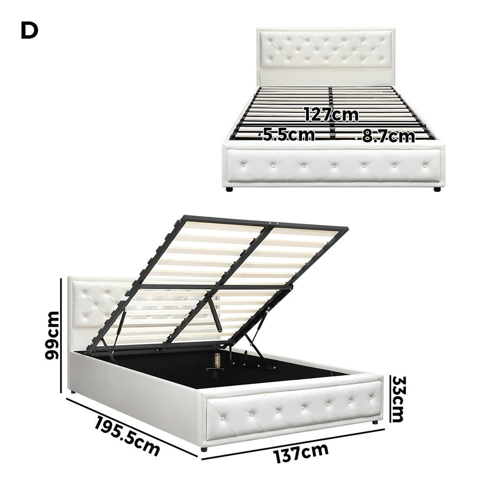 Oikiture Double Bed Frame with Storage Space Gas Lift White