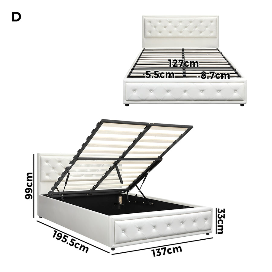 Oikiture Double Bed Frame with Storage Space Gas Lift White, image 4