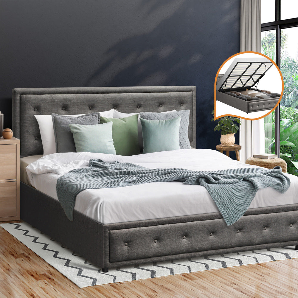 Oikiture King Bed Frame with Storage Space Gas Lift Grey
