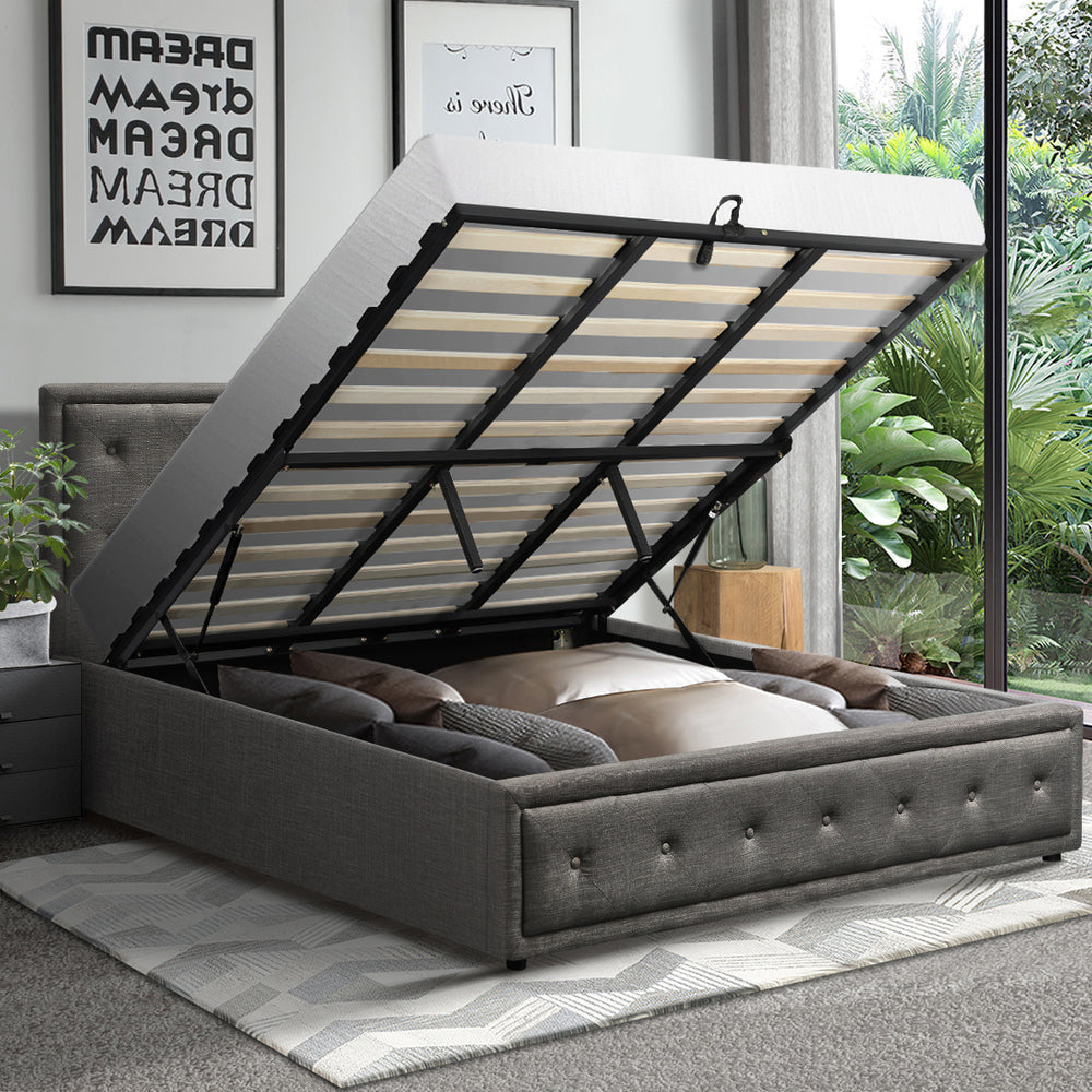 Oikiture King Bed Frame with Storage Space Gas Lift Grey