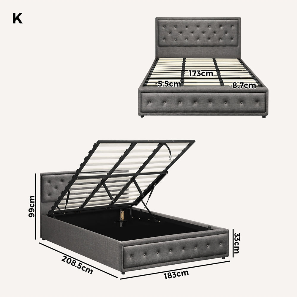 Oikiture King Bed Frame with Storage Space Gas Lift Grey