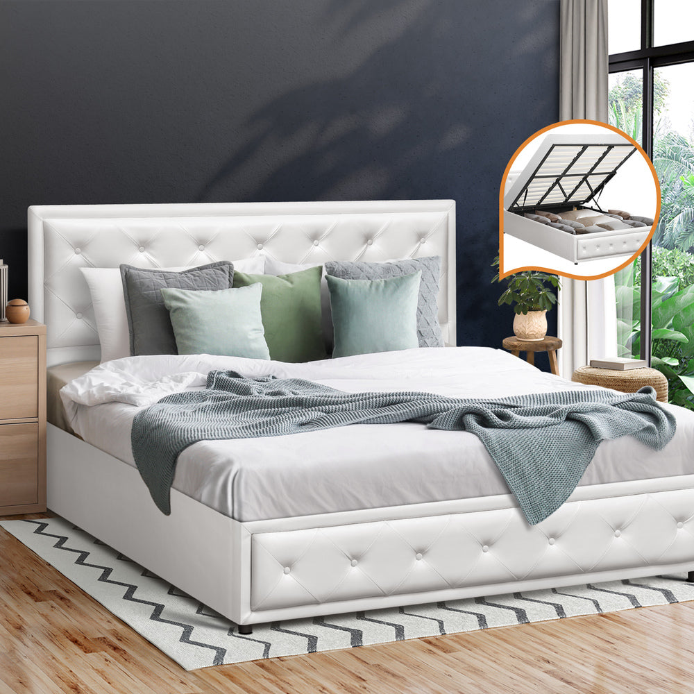 Oikiture King Bed Frame with Storage Space Gas Lift White