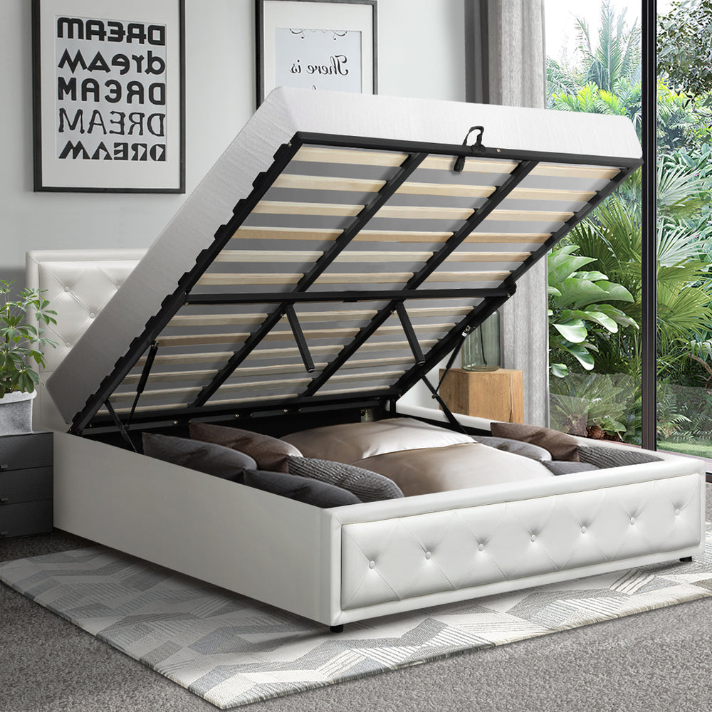 Oikiture King Bed Frame with Storage Space Gas Lift White