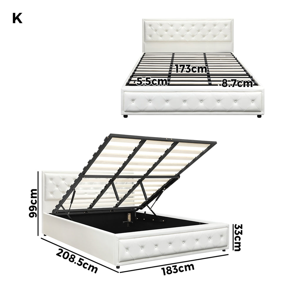 Oikiture King Bed Frame with Storage Space Gas Lift White
