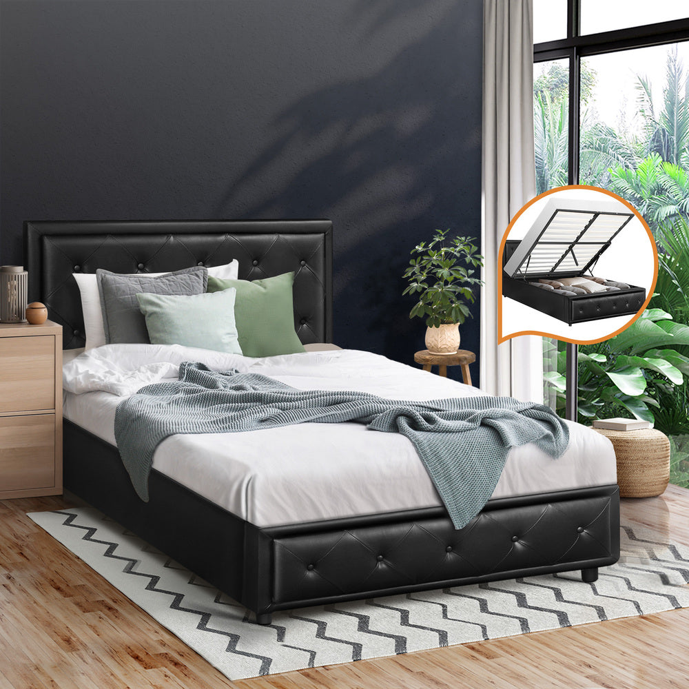 Oikiture King Single Bed Frame with Storage Space Gas Lift Black