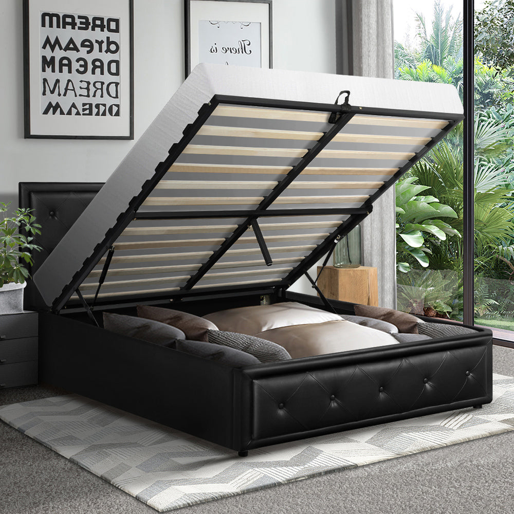 Oikiture King Single Bed Frame with Storage Space Gas Lift Black
