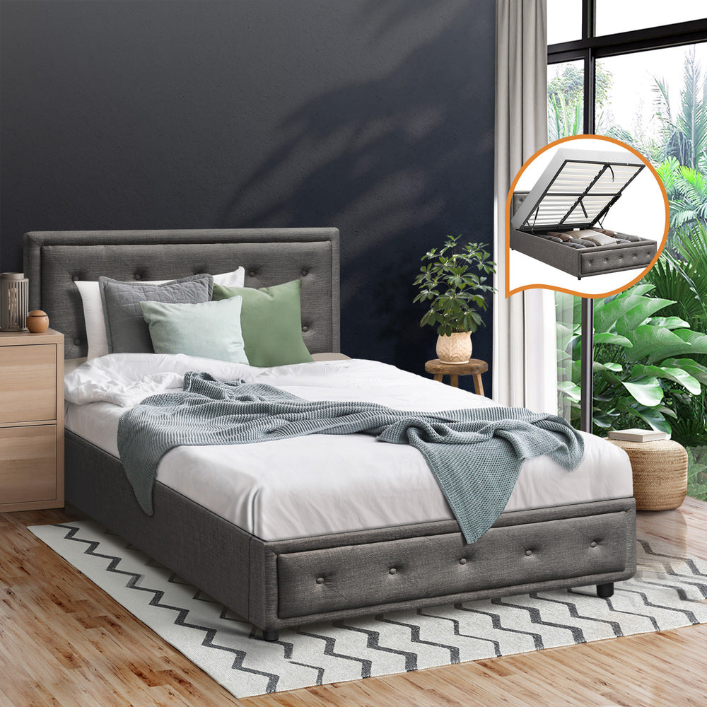 Oikiture King Single Bed Frame with Storage Space Gas Lift Grey