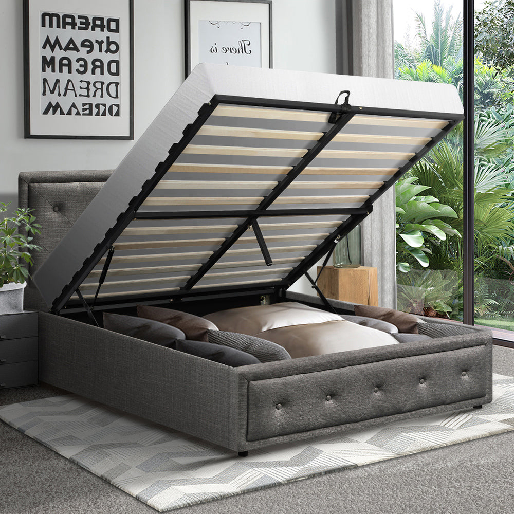 Oikiture King Single Bed Frame with Storage Space Gas Lift Grey