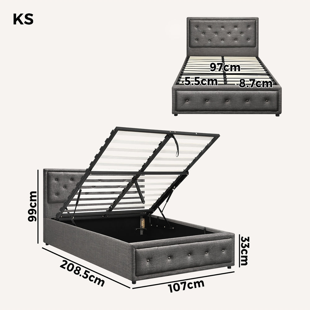 Oikiture King Single Bed Frame with Storage Space Gas Lift Grey