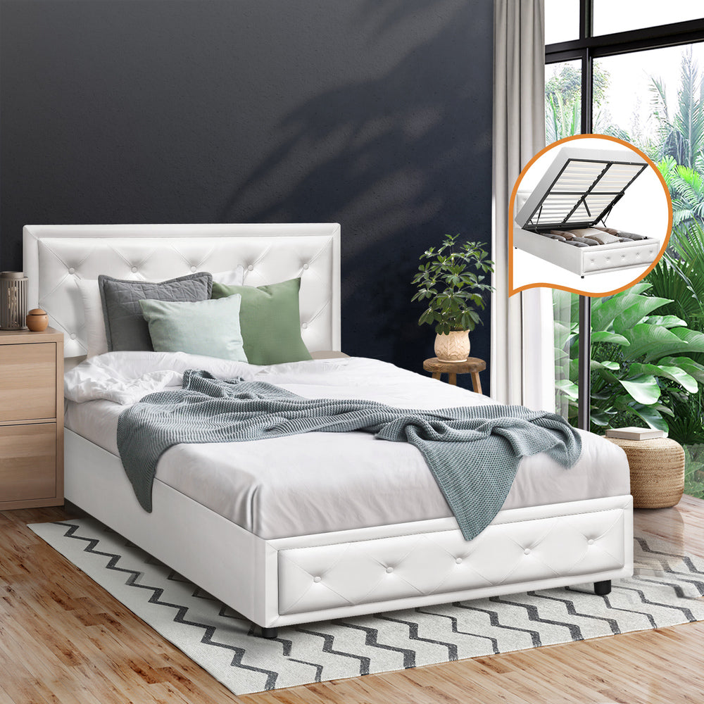 Oikiture King Single Bed Frame with Storage Space Gas Lift White
