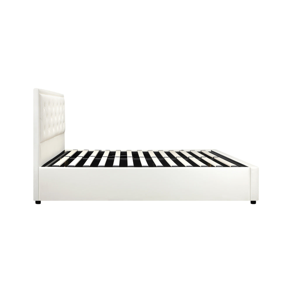 Oikiture King Single Bed Frame with Storage Space Gas Lift White
