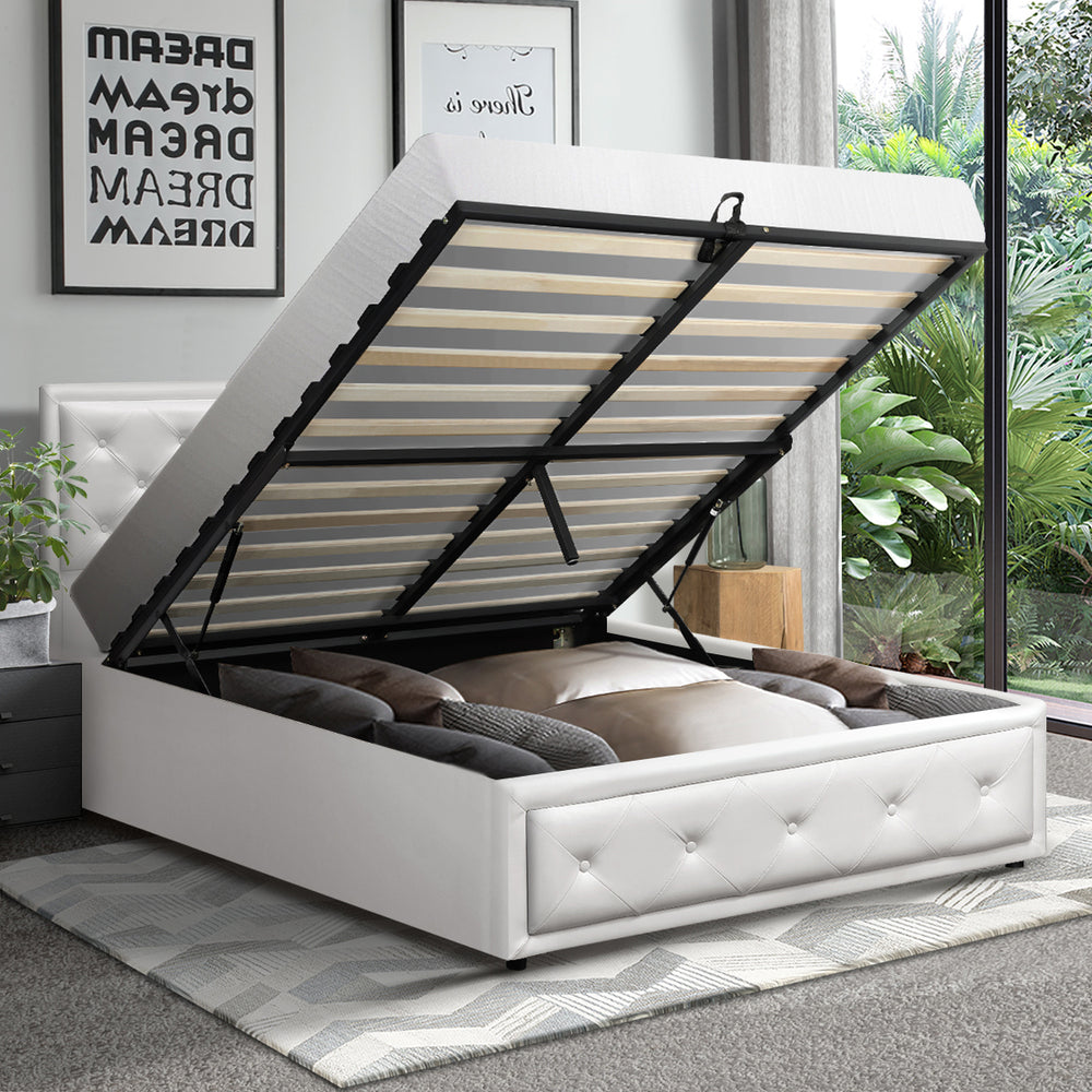 Oikiture King Single Bed Frame with Storage Space Gas Lift White