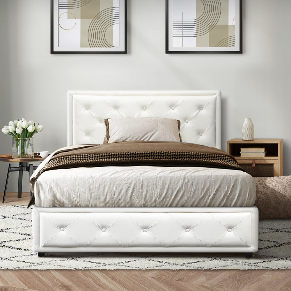 Oikiture King Single Bed Frame with Storage Space Gas Lift White