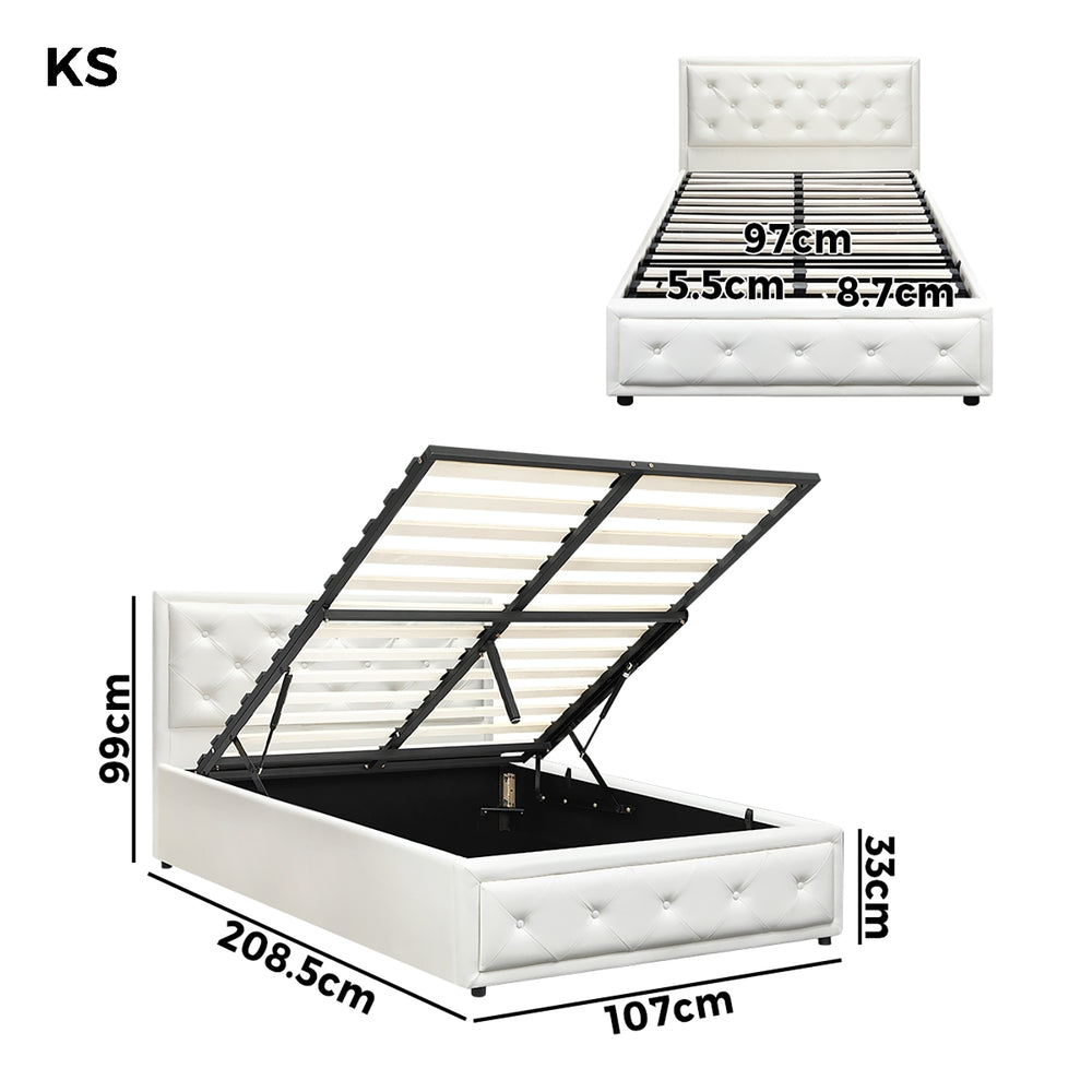 Oikiture King Single Bed Frame with Storage Space Gas Lift White