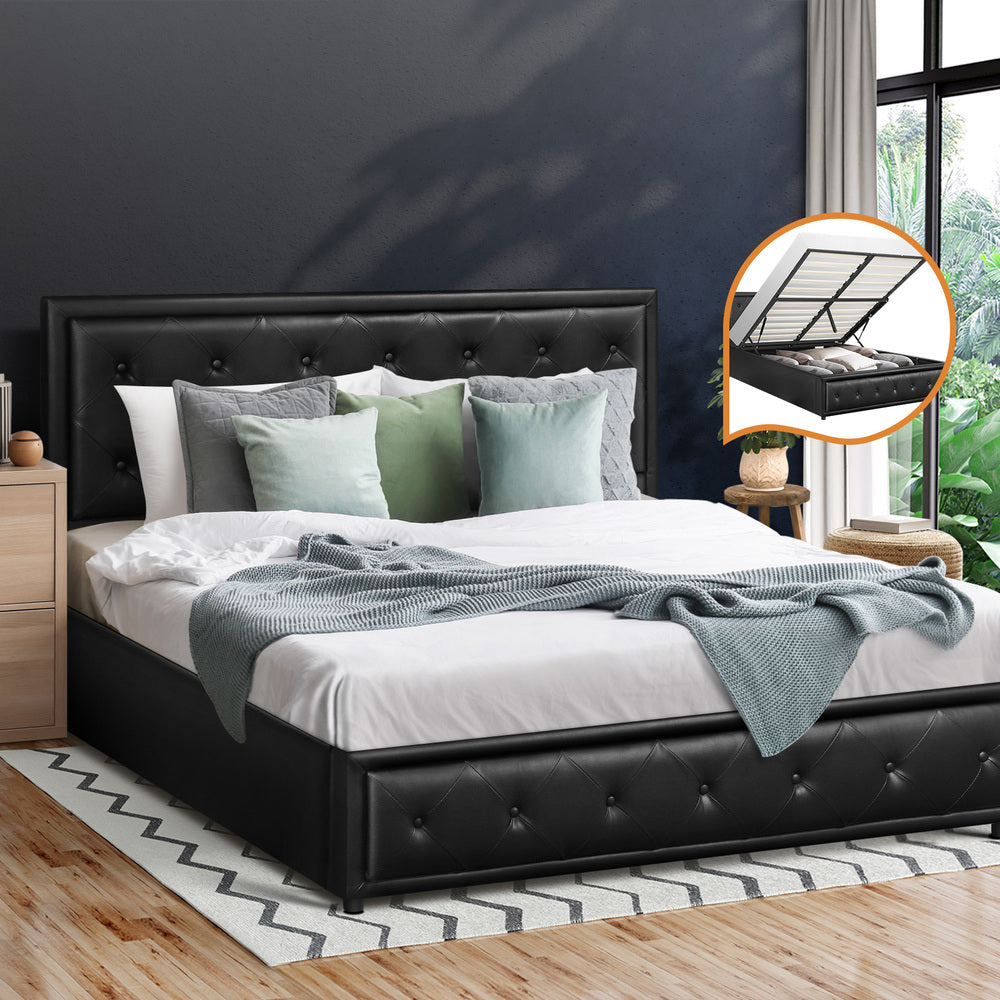 Oikiture Queen Bed Frame with Storage Space Gas Lift Black