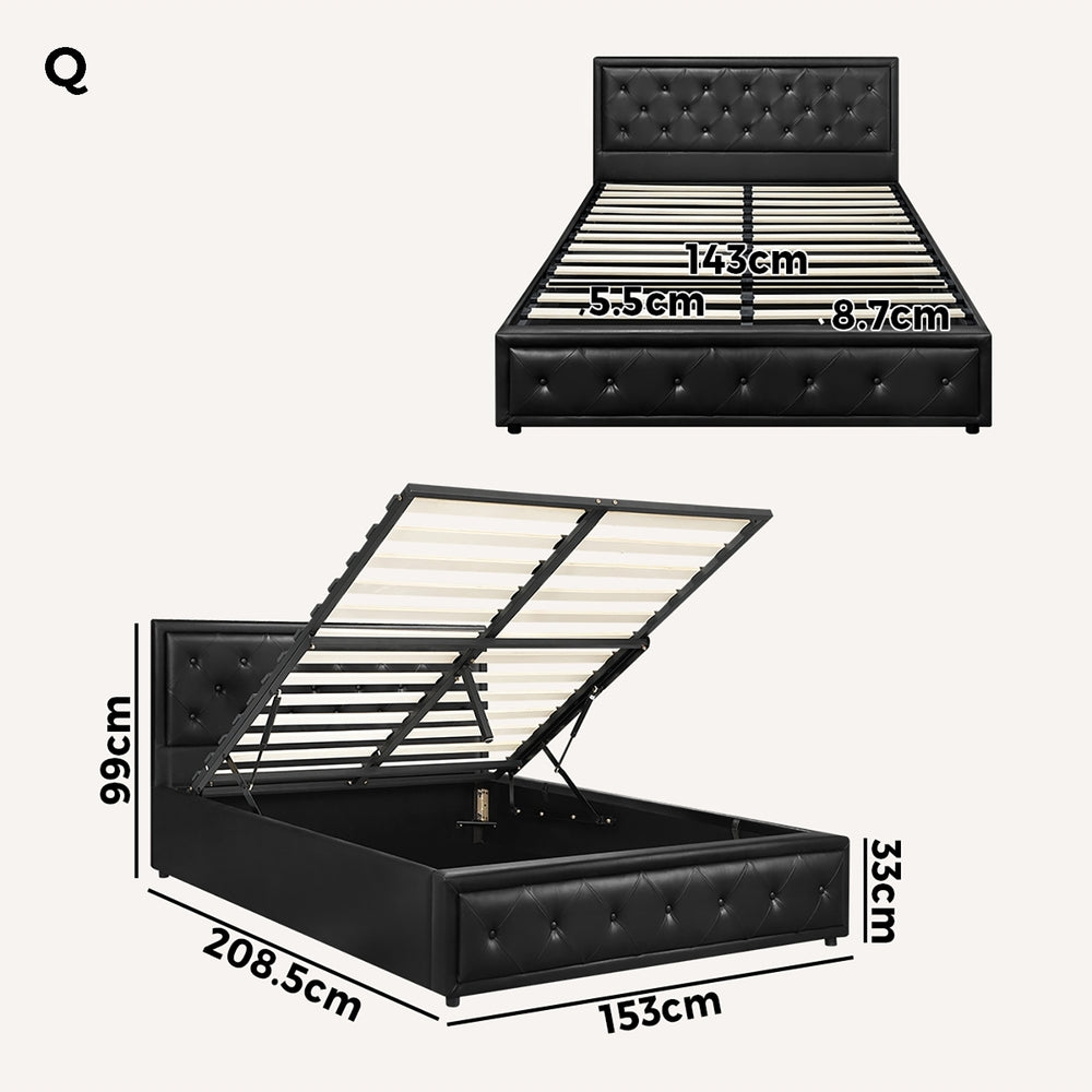 Oikiture Queen Bed Frame with Storage Space Gas Lift Black