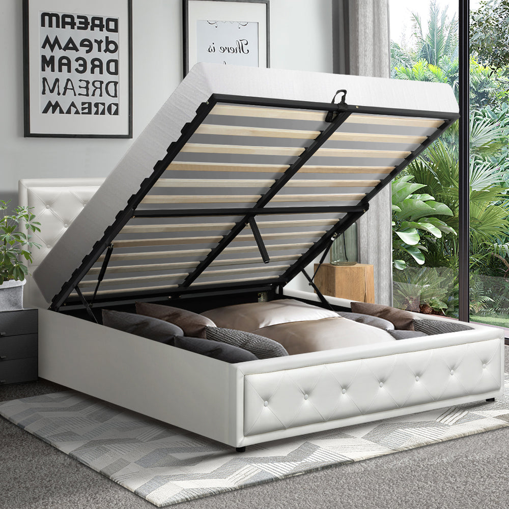 Oikiture Queen Bed Frame with Storage Space Gas Lift White