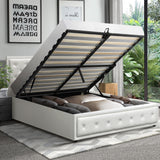 Oikiture Queen Bed Frame with Storage Space Gas Lift White - Low Angle