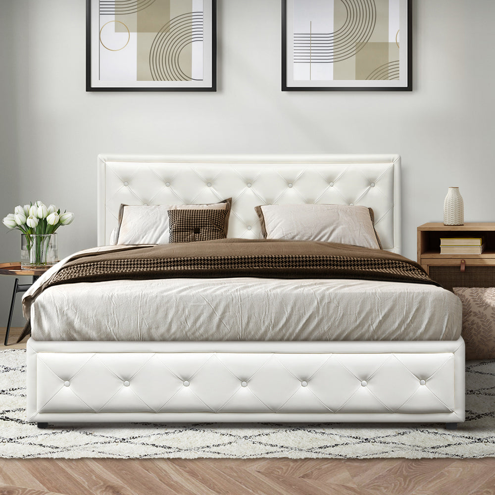 Oikiture Queen Bed Frame with Storage Space Gas Lift White