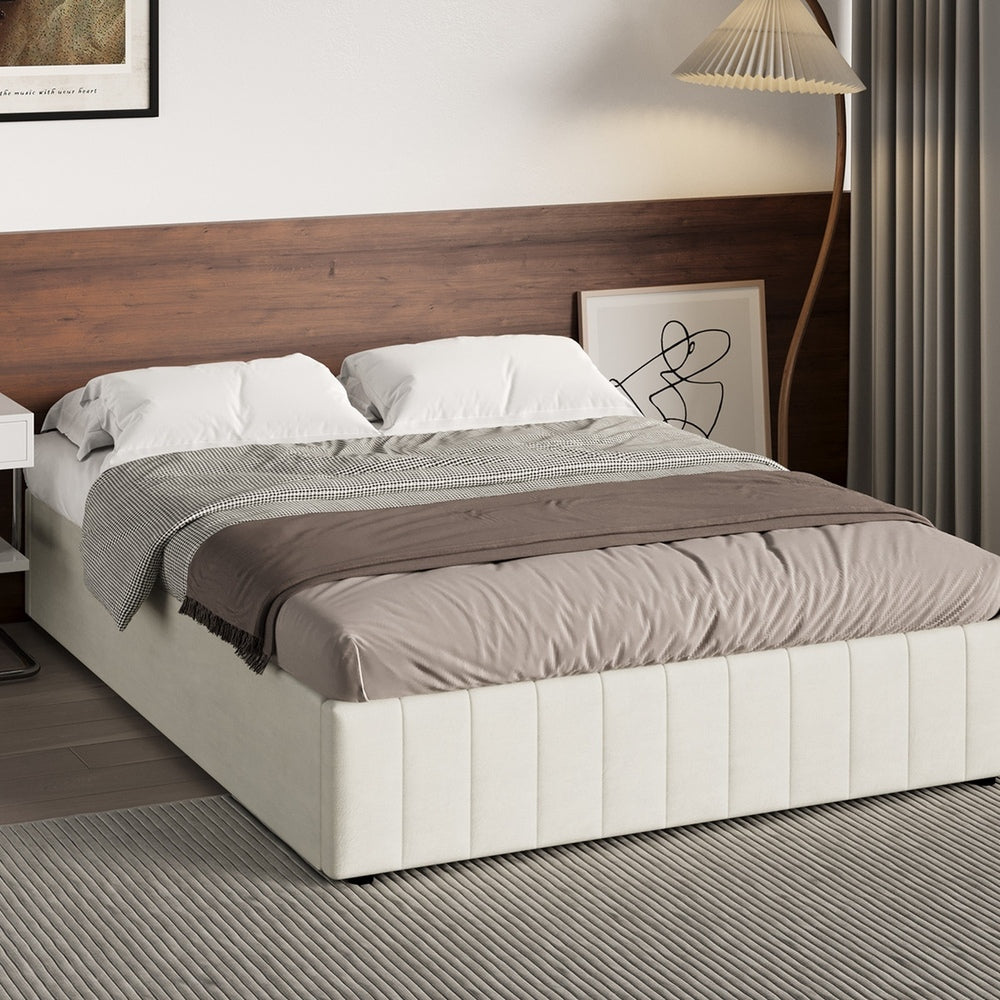 Oikiture Bed Frame Double Size Gas Lift Storage Base Velvet Cream
