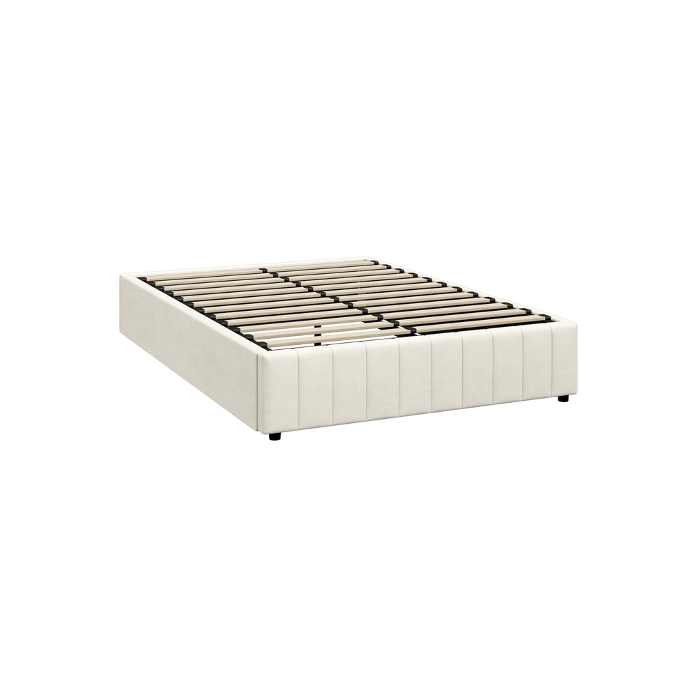 Oikiture Bed Frame Double Size Gas Lift Storage Base Velvet Cream