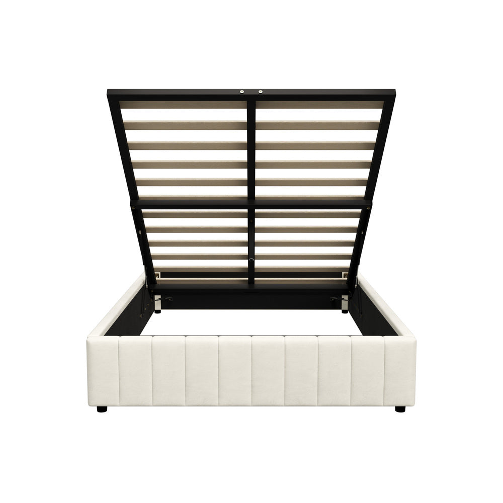 Oikiture Bed Frame Double Size Gas Lift Storage Base Velvet Cream