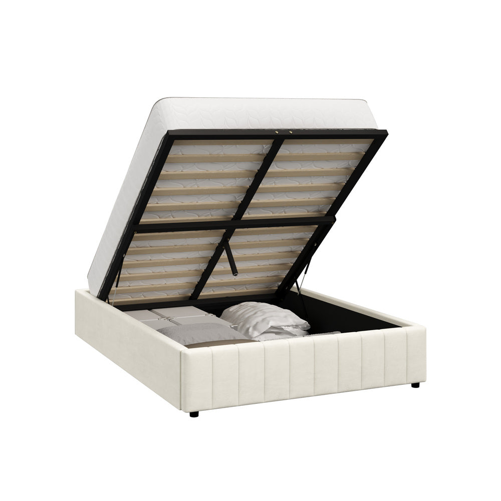 Oikiture Bed Frame Double Size Gas Lift Storage Base Velvet Cream