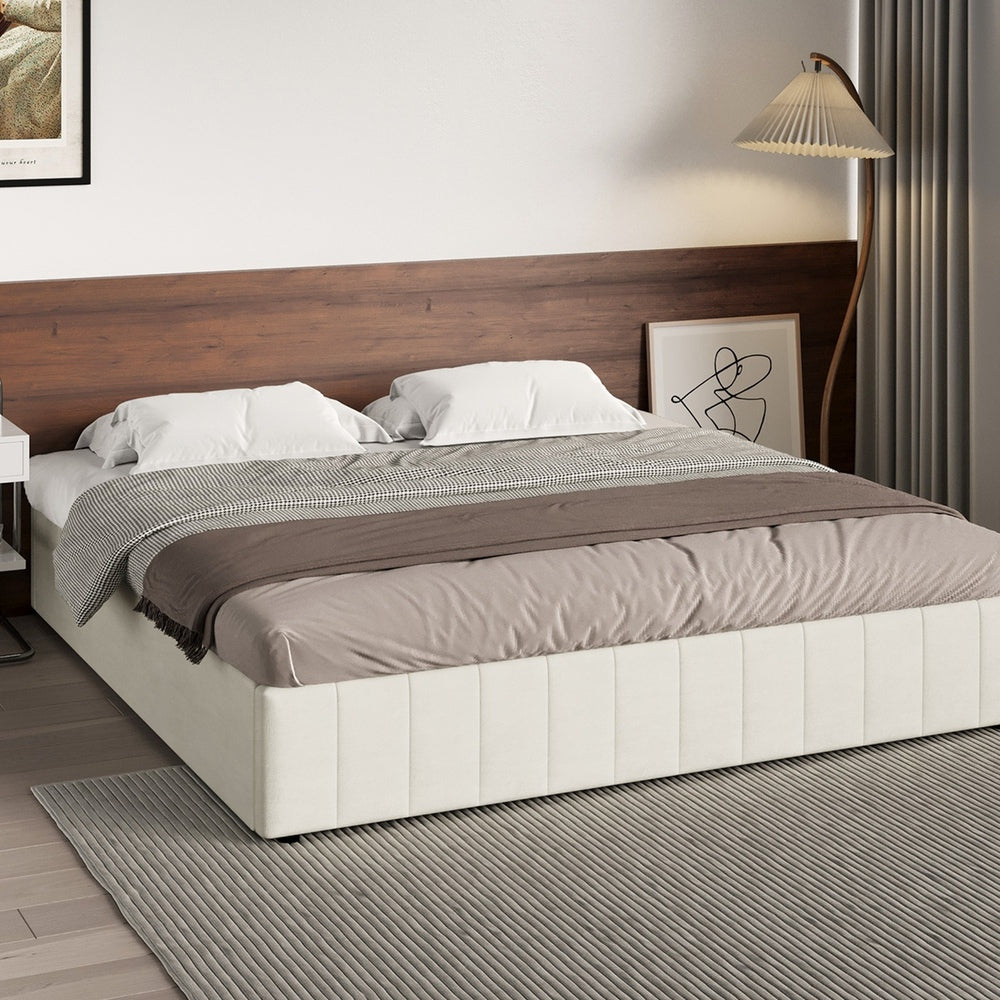 Oikiture Bed Frame King Size Gas Lift Storage Base Velvet Cream