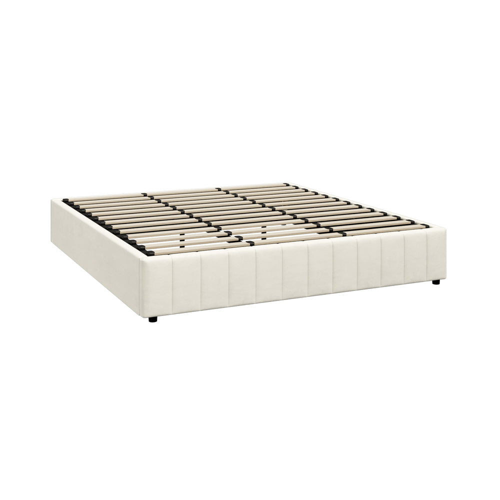 Oikiture Bed Frame King Size Gas Lift Storage Base Velvet Cream