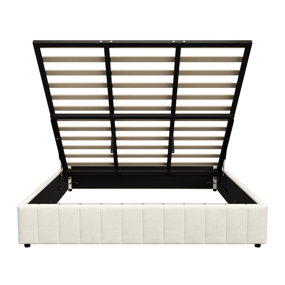 Oikiture Bed Frame King Size Gas Lift Storage Base Velvet Cream