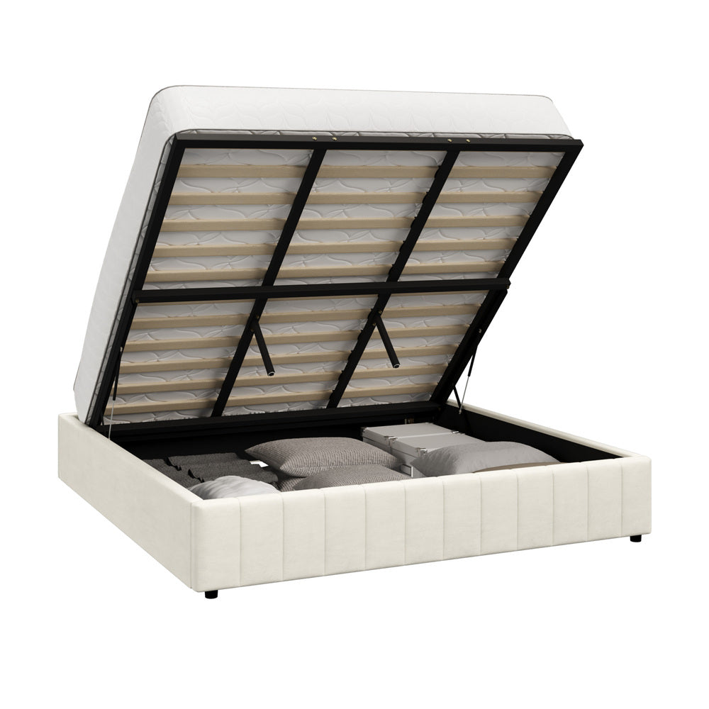 Oikiture Bed Frame King Size Gas Lift Storage Base Velvet Cream