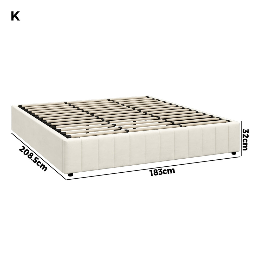 Oikiture Bed Frame King Size Gas Lift Storage Base Velvet Cream