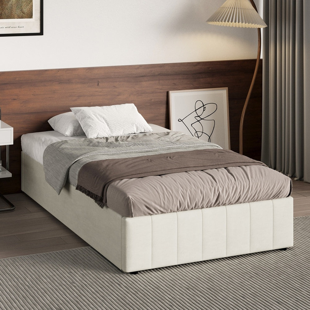 Oikiture Bed Frame King Single Gas Lift Base Velvet Cream