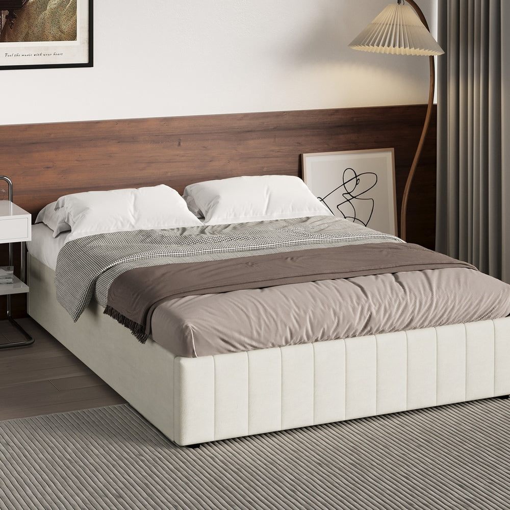 Oikiture Bed Frame Queen Size Gas Lift Storage Base Velvet Cream