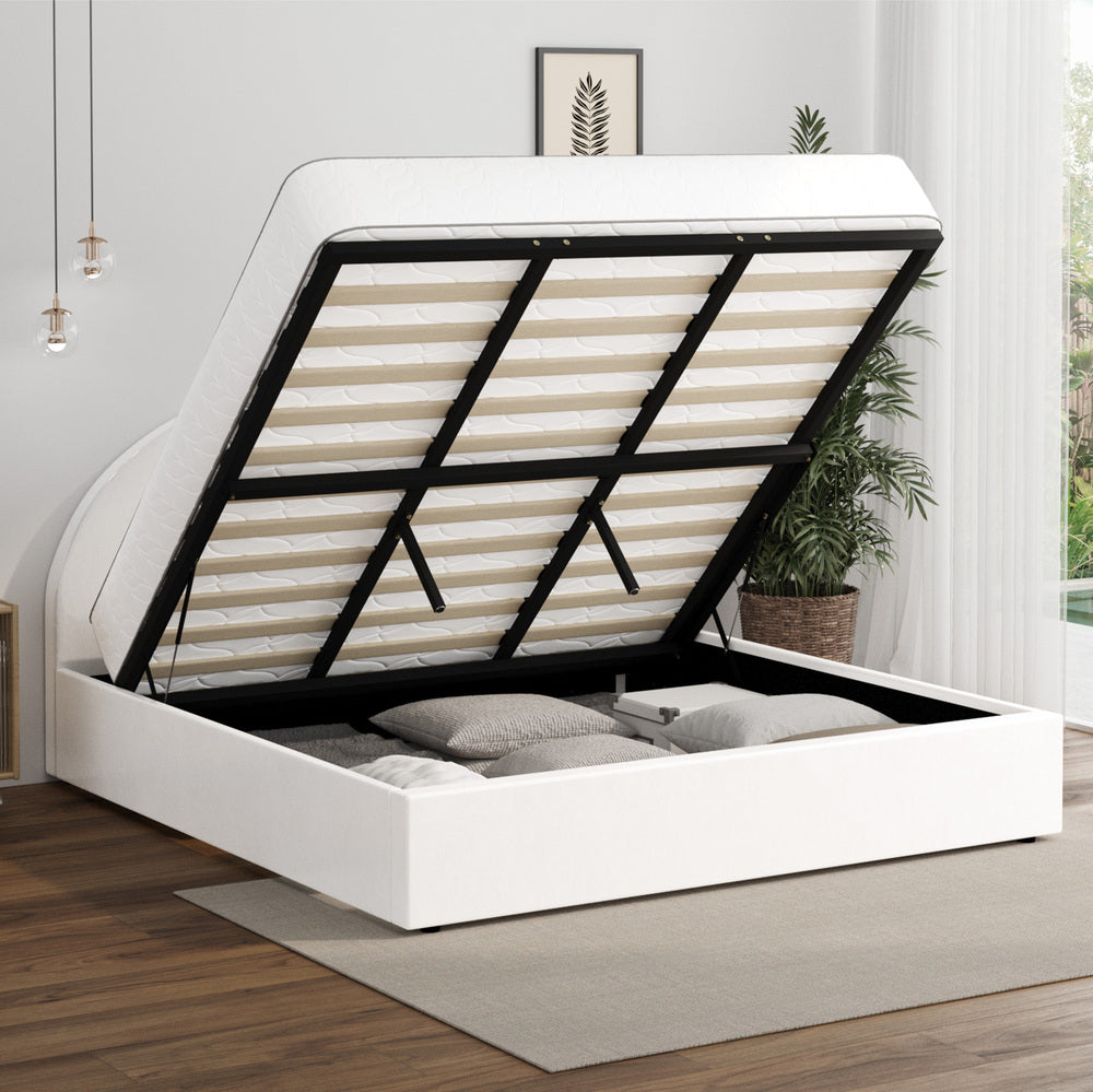 Oikiture Bed Frame King Size With Gas Lift Base PU Leather White