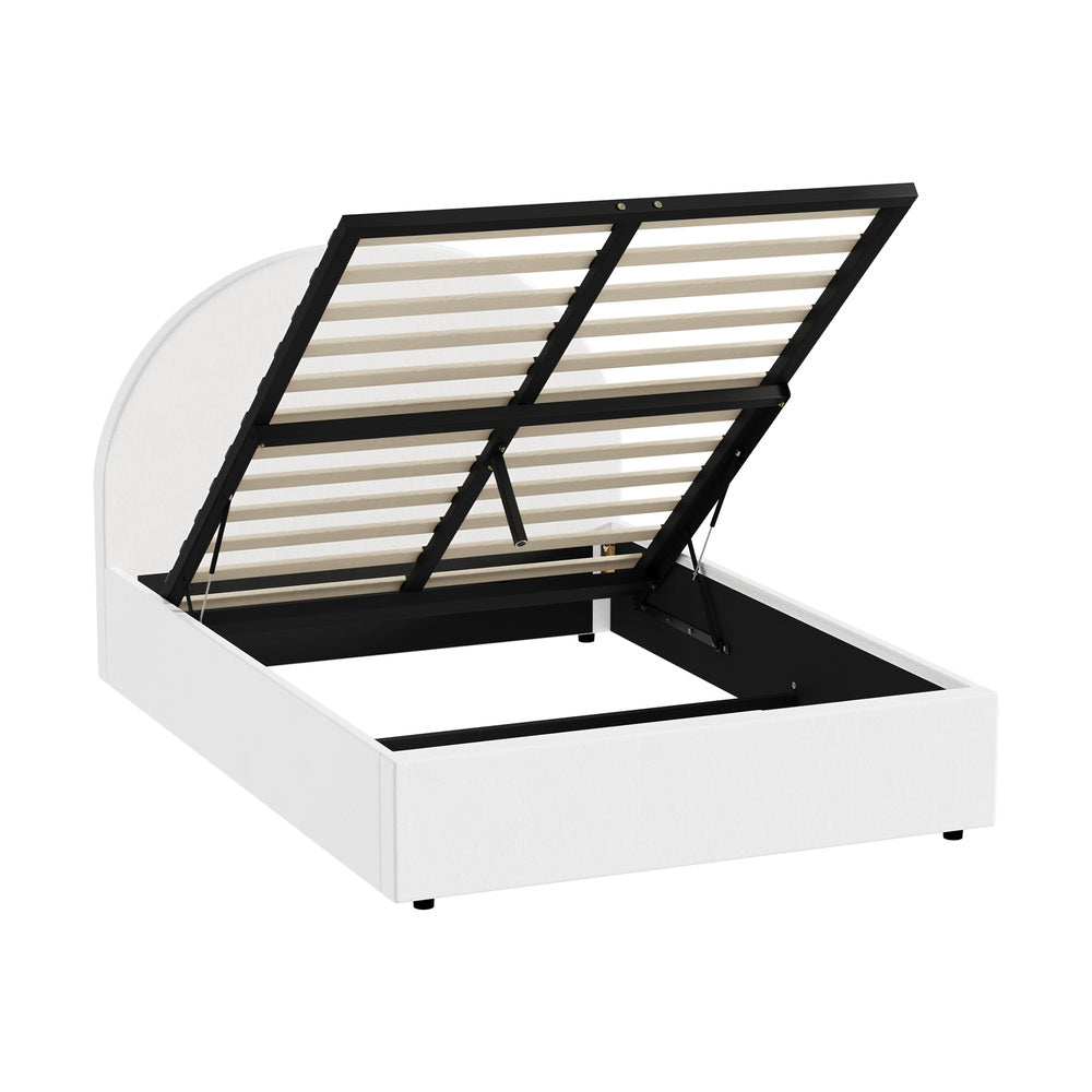Oikiture Bed Frame Queen Size With Gas Lift Base PU Leather White