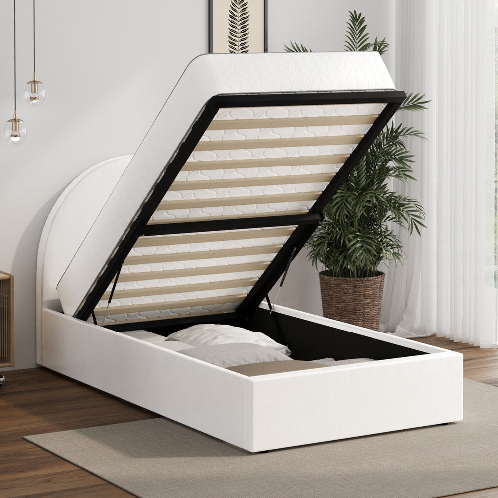 Oikiture Bed Frame Single Size With Gas Lift Base PU Leather White