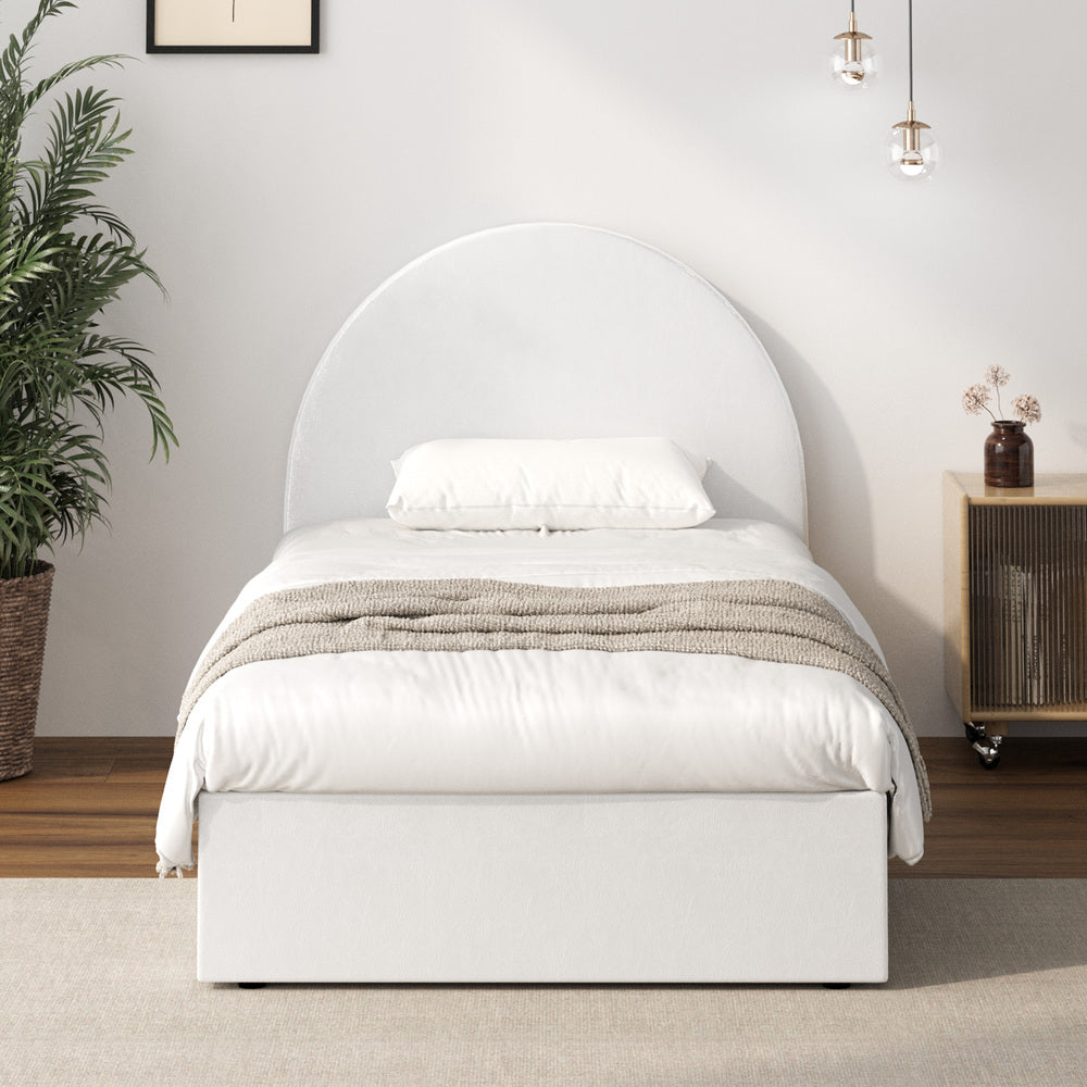 Oikiture Bed Frame Single Size With Gas Lift Base PU Leather White
