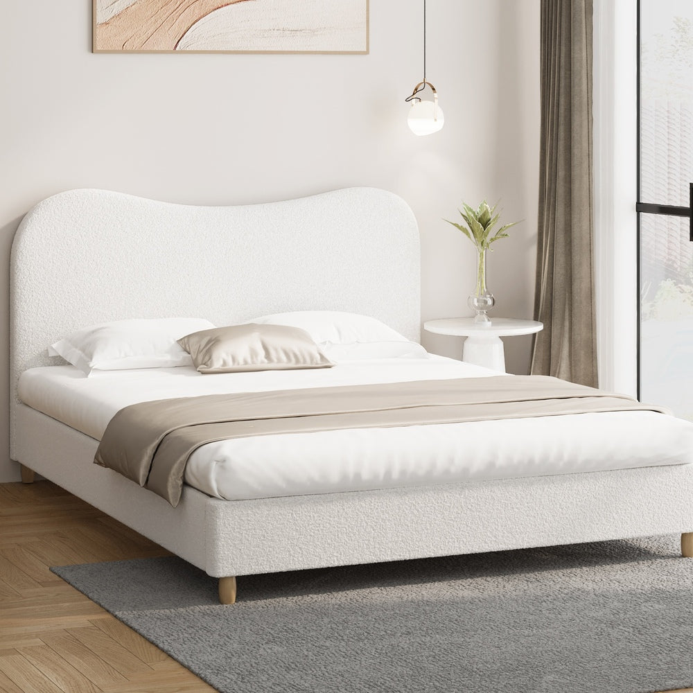 Oikiture Bed Frame King Size White Boucle Cloud Shape