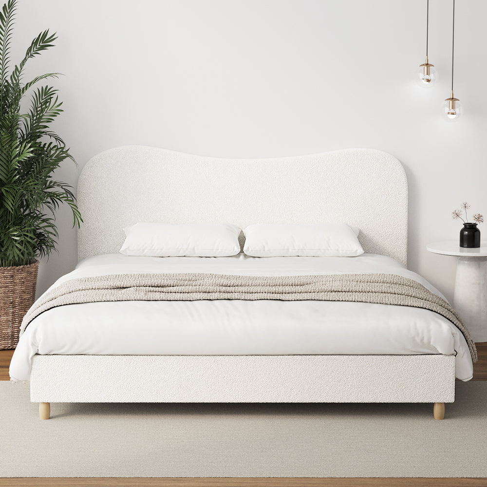 Oikiture Bed Frame King Size White Boucle Cloud Shape